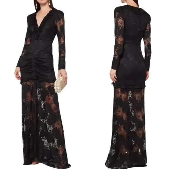 Alexis Lucasta Black Lace Maxi Dress L Ruched Sheer Gothic Victorian Romance EUC - Picture 4 of 8